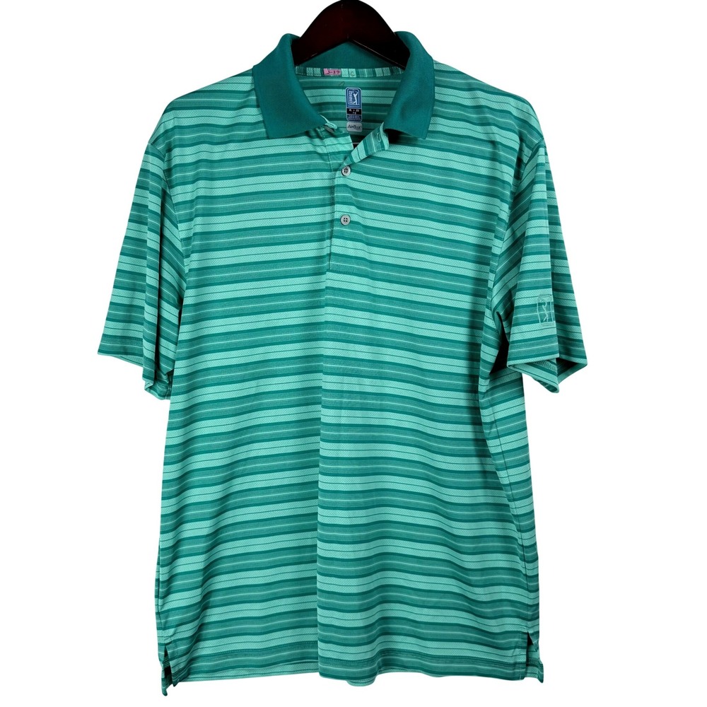 PGA Tour Mens Golf Polo Shirt XL Green Stripe Airflux Technology Short Sleeve